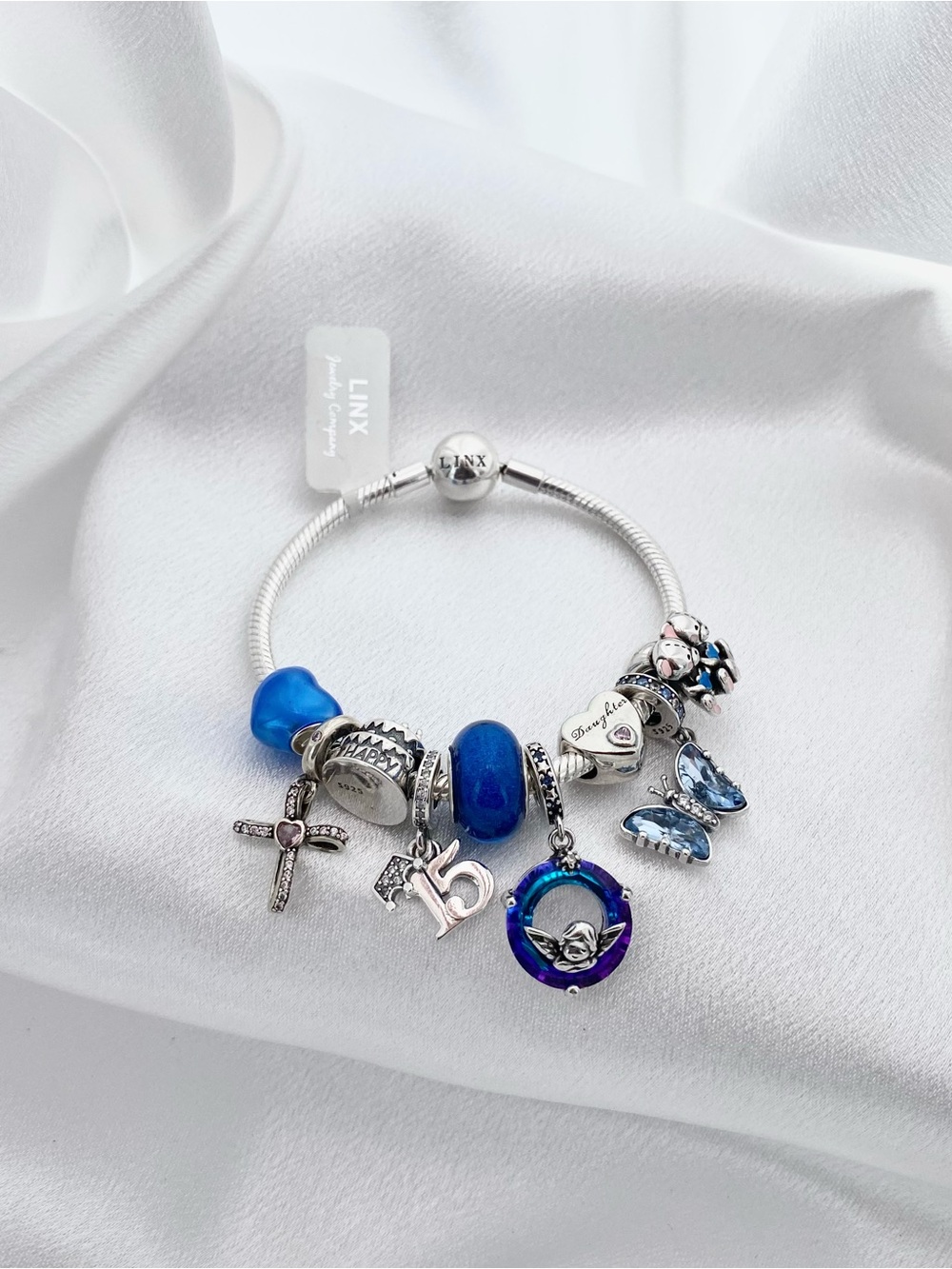 Linx Snake Chain Bracelet with Blue Religious Quinceanera Themed Charms